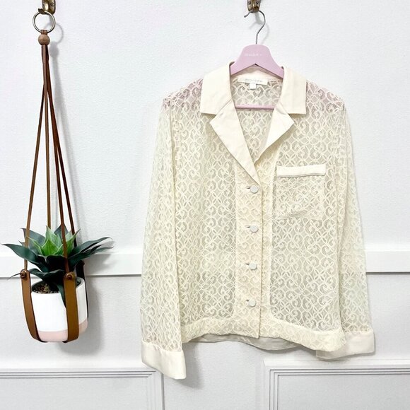 JONATHAN SIMKHAI Janice Lace Long Sleeve Button Front Shirt Ivory Size S - Picture 2 of 10